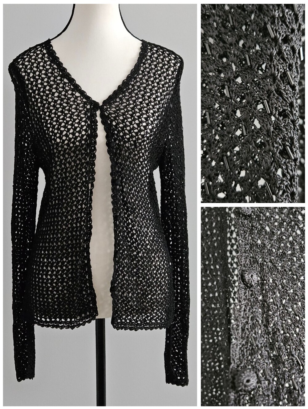 Vintage Y2K Crochet Beaded Cardigan Black Size M 90s Boho Whimsigoth Festival